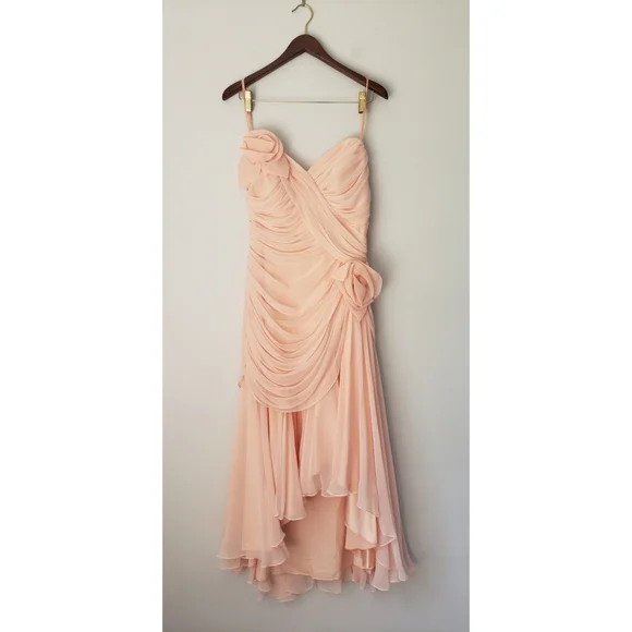 Vintage 80s Pink Pleated Ruched Formal High Low Midi Dress with Rose Detail - Picture 4 of 16